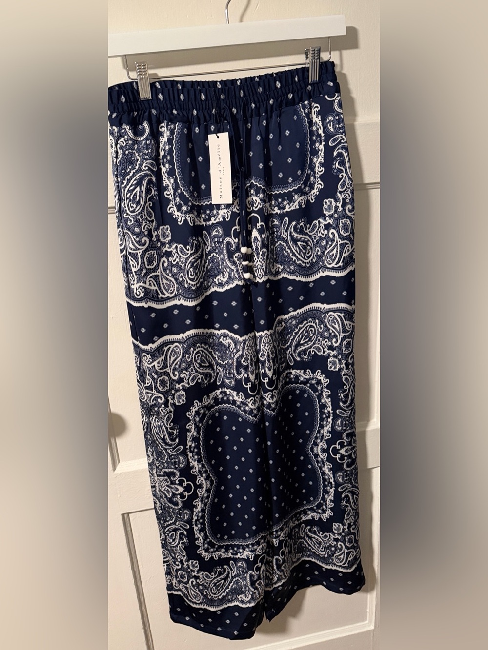 Maison D’Amelie Navy Blue Paisley Bandana Print Wide Leg Satin Palazzo Pant XS
